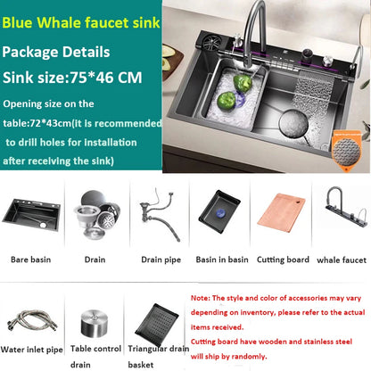 Blue Whale Arowana Multifunctional Kitchen Sink Single Bowl Nano Black Honeycomb LED Digital Display Stainless Steel for Home