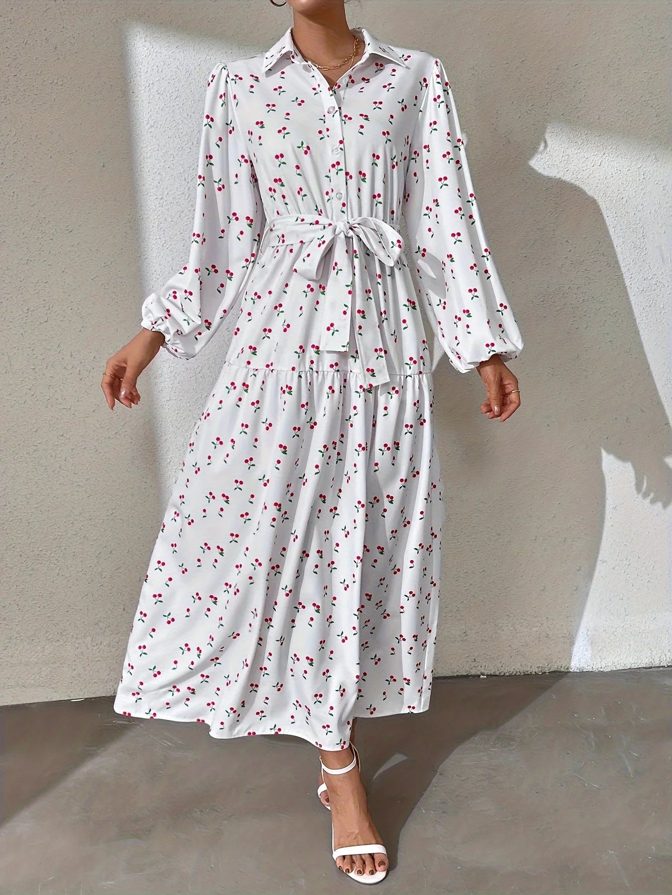 Ramadan Abaya Floral Print Button Front Dress, Casual Lantern Sleeve Dress For Spring & Fall, Women's Clothing Kebaya Kaftan.