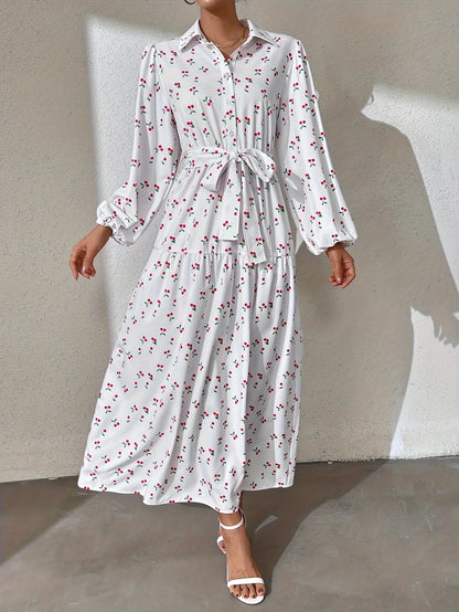 Ramadan Abaya Floral Print Button Front Dress, Casual Lantern Sleeve Dress For Spring & Fall, Women's Clothing Kebaya Kaftan.