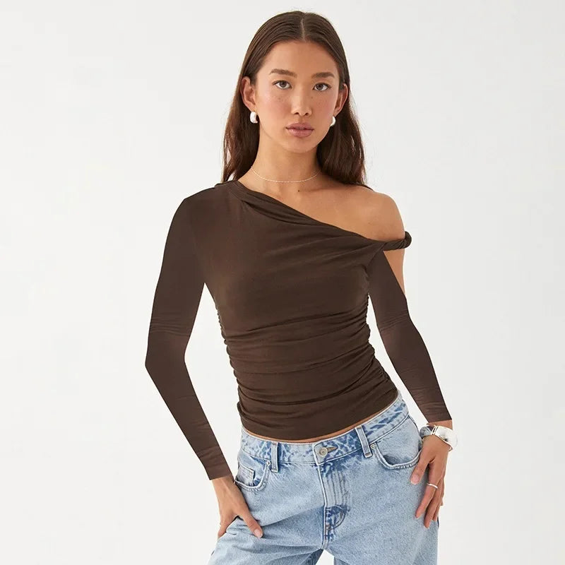 Autumn Asymmetric Single Shoulder Long Sleeve Pleated Solid Color New Style YTP Women's Top Asymmetrical Neckline T-shirt.