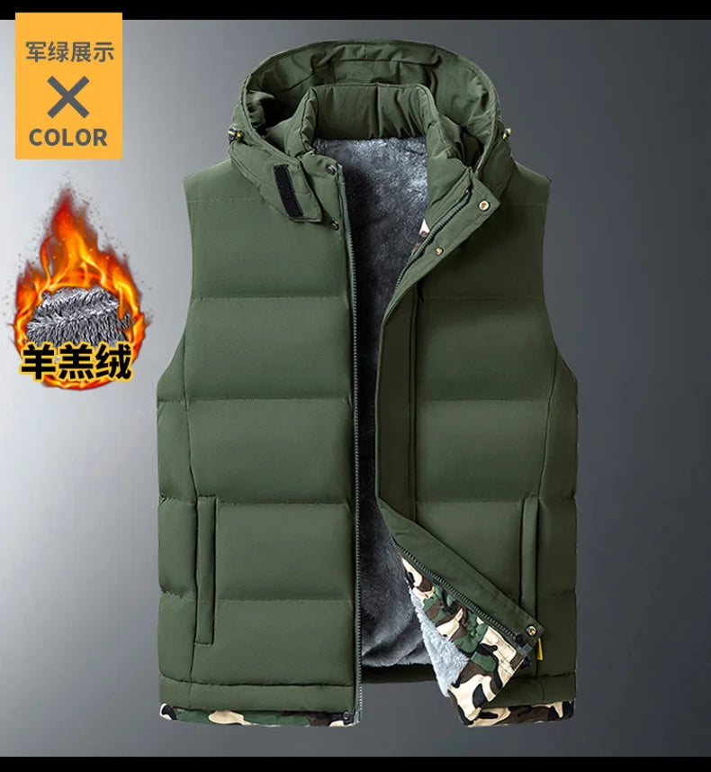 M-10XL Oversize Vests New Lambskin Vest Men's Autumn and Winter Warm and Detachable Hooded Youth Vests Windproof Waistcoats.