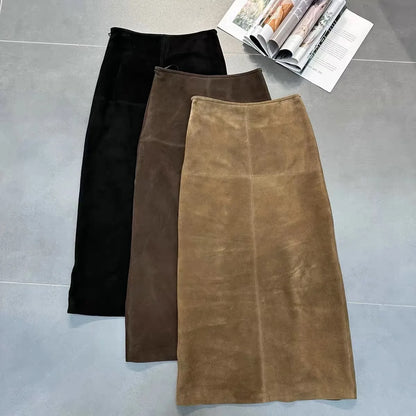 Retro High Grade Suede Real Leather Long Skirt 80cm For Women Upgraded Imported  Jupe Back Split Waist Loop Faldas Ankle-Length.