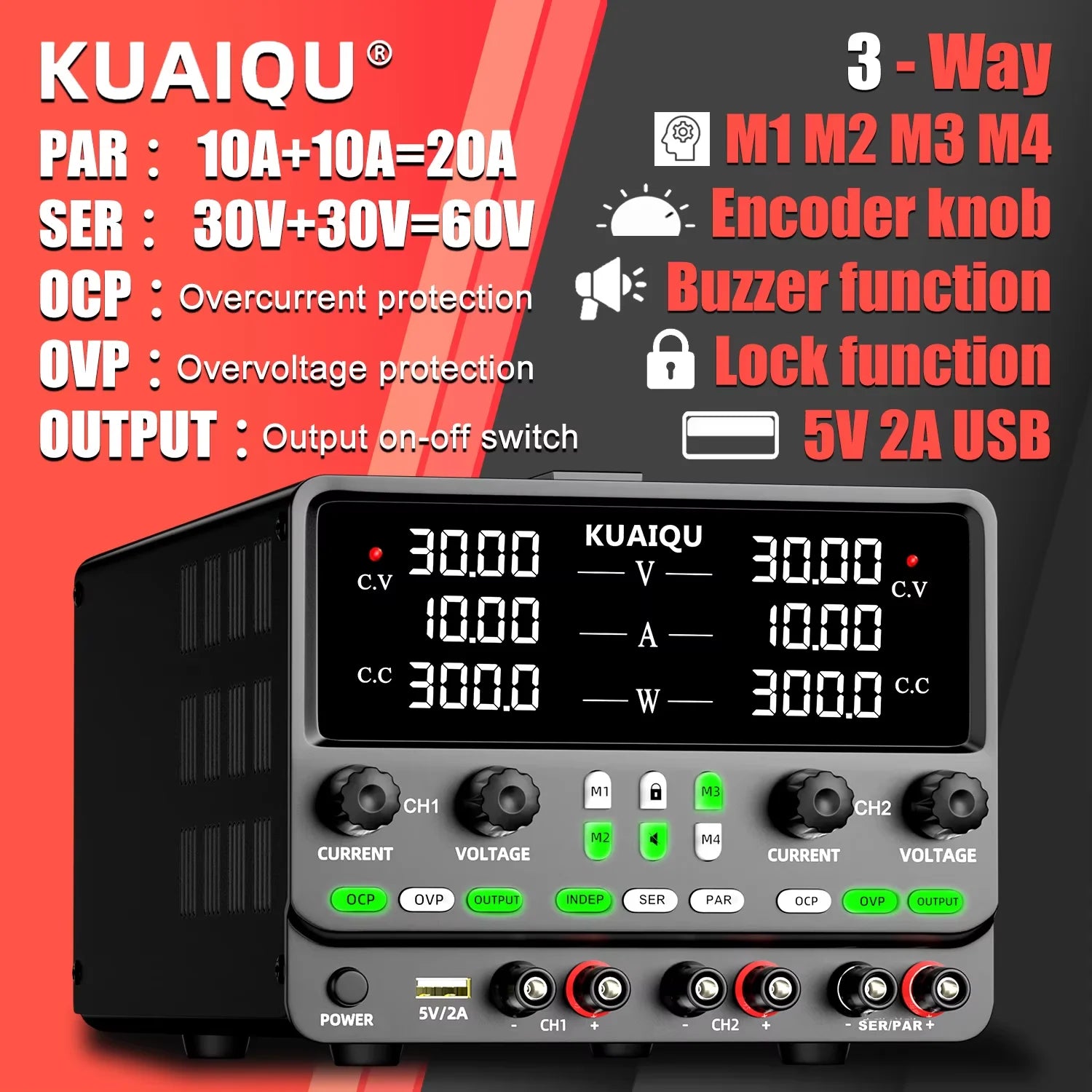 KUAIQU Newest 30V10A Dual Channel Bench Power Supply 3-Way Series-Parallel Output Overvoltage Overcurrent Protection Laboratory.