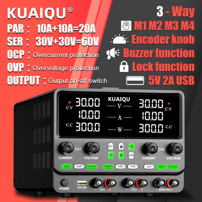 KUAIQU Newest 30V10A Dual Channel Bench Power Supply 3-Way Series-Parallel Output Overvoltage Overcurrent Protection Laboratory.