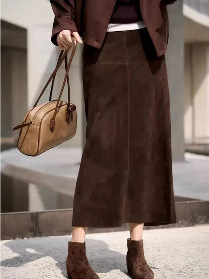 Retro High Grade Suede Real Leather Long Skirt 80cm For Women Upgraded Imported  Jupe Back Split Waist Loop Faldas Ankle-Length.