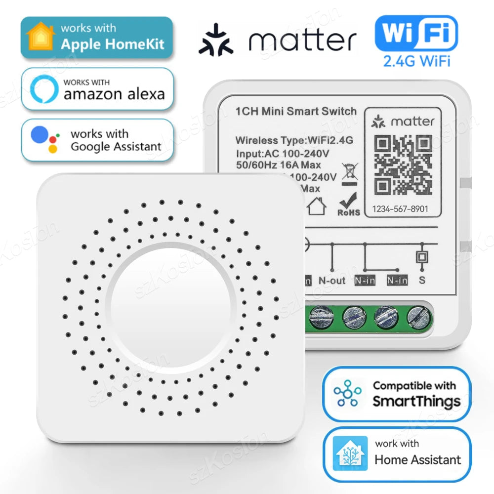 Matter WiFi Smart Switch für Homekit Smartthings Home Assistant 16A Smart Home Automation Relaismodul Funktioniert mit Alexa Google.