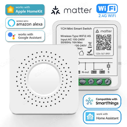 Matter WiFi Smart Switch für Homekit Smartthings Home Assistant 16A Smart Home Automation Relaismodul Funktioniert mit Alexa Google.