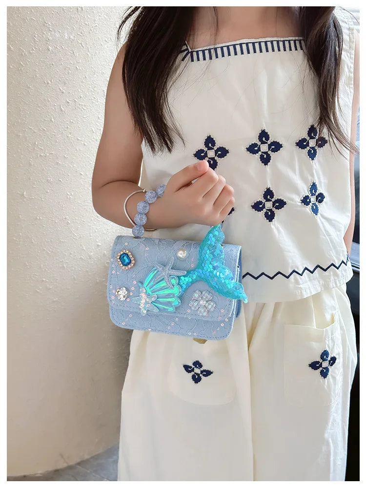 Lovely Sequin Girls Square Shoulder Bag Fish Tail Starfish Princess Crossbody Bags Bead Handle Children's Small Handbags Purse