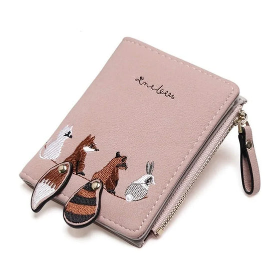 Cute Girl Heart Women's Embroidered Thread Cartoon Animal Wallet Korean Version Short Tassel Zipper Card Bag Earphone Cable Bag.