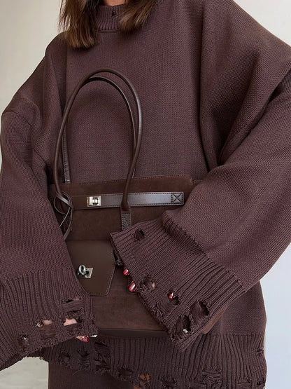 Bornladies Autumn Winter Women's New Turtleneck Knit Sweater Skinny Knit Pants Set Soft Oversized Ripped Hem Fashion Pullover