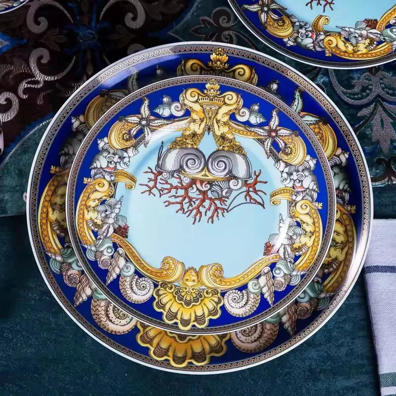 Luxury Blue Ocean Bone China Dishes Plates Western Clubhouse Upscale Heart Of The Sea Ceramic Tableware Decorative Plate.