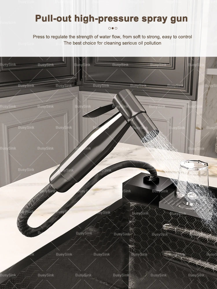 Küchenspüle aus Edelstahl mit Wasserfall, extra große Einzelschüssel, Digitalanzeige, multifunktionale Geschirrspülbecken