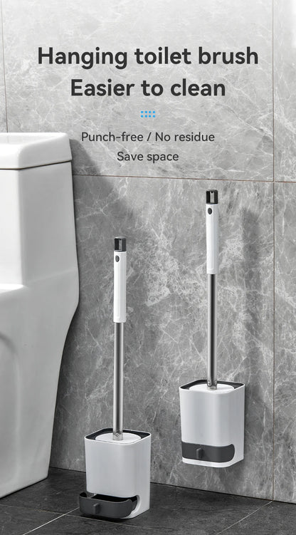 WORTHBUY Wandmontierte Toilettenbürste aus Kunststoff mit langem Griff und Halter, stanzfreie WC-Toilettenreinigungsbürste, Badezimmerzubehör