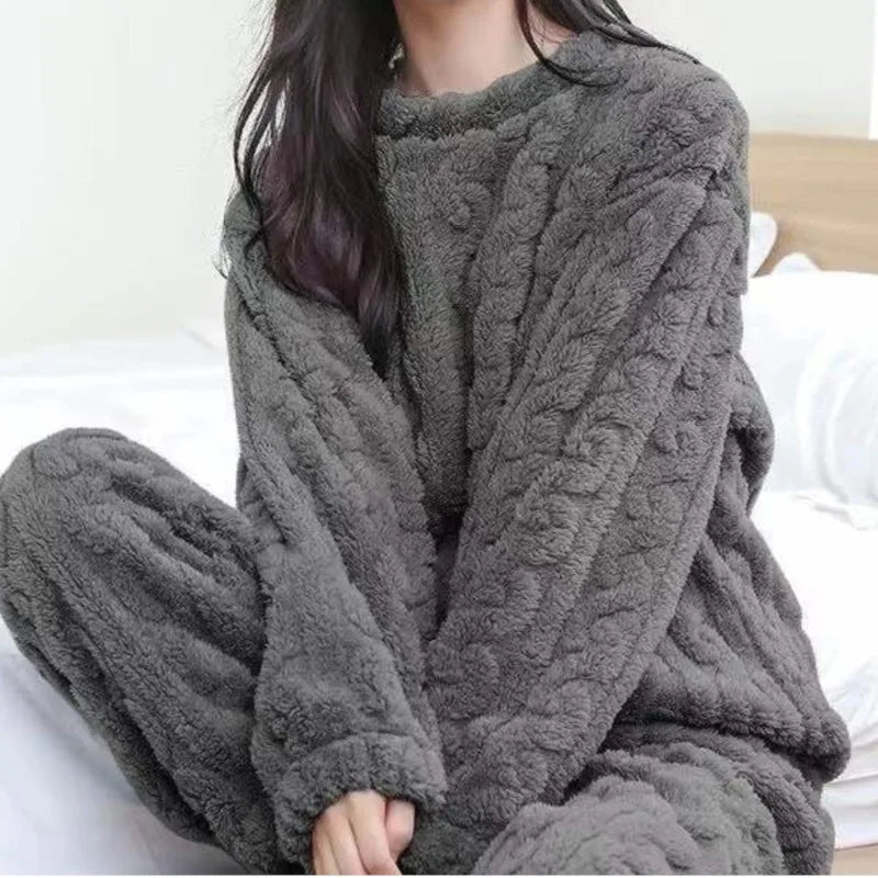Herbst Winter Lose Süße Casual Pyjamas frauen Set Dicke Fleece Wolle Langarm Top Hause Elastische Taille Lange Hosen Hosen.