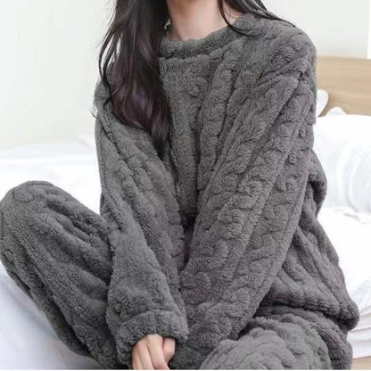 Herbst Winter Lose Süße Casual Pyjamas frauen Set Dicke Fleece Wolle Langarm Top Hause Elastische Taille Lange Hosen Hosen.