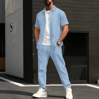2025 Men's Casual and Fashionable short-sleeved jacket and shirt with solid-colored drawstring trousers two-piece set.
