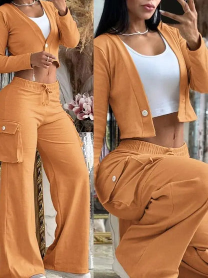 Women's Casual Two Piece Sets Spring Autumn Fashion Cardigan Long Sleeve Short Top Big Pocket Cargo Pants Sets 2024 Outifits.