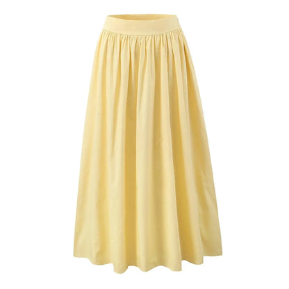 YENKYE 2025 Women Yellow White Cotton Big Swing Long Skirt Vintage High Waist Side Zipper A-line Summer Skirts Holiday