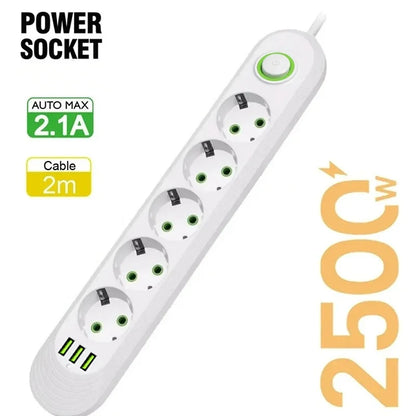 EU-Stecker, 2500 W, Steckdosenleiste mit 3 USB-Anschlüssen, Verlängerungskabel, Steckdose, Verlängerungskabel, runder Stift, AC-Steckdose, elektrischer Ladeadapter.