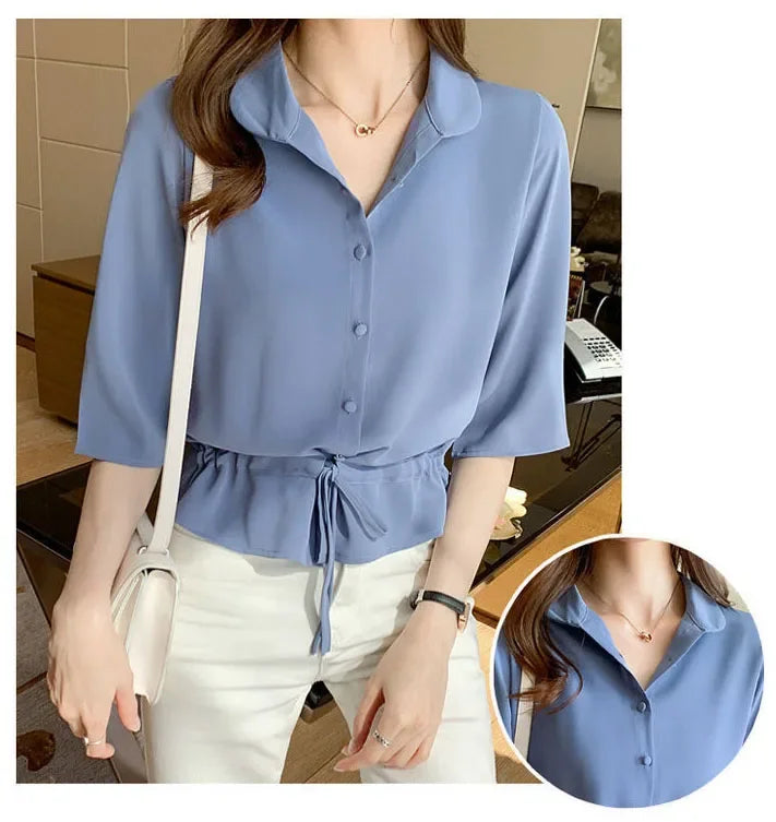 Summer Women All-match Solid Turn-down Collar Half Sleeve Chiffon Shirt Fashion Casual Shirring Single-breasted Blouses Female.