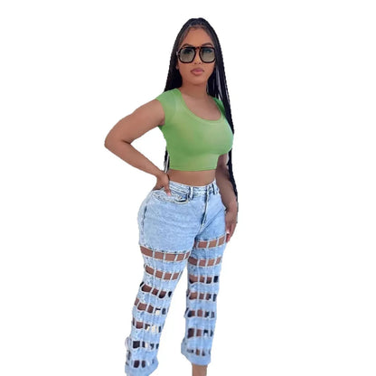 Holes Jean Hollow Out Jeans Women Straight Pants High Waist Vintage Ripped High Waist Zipper Fly Ankle Length Distressed.