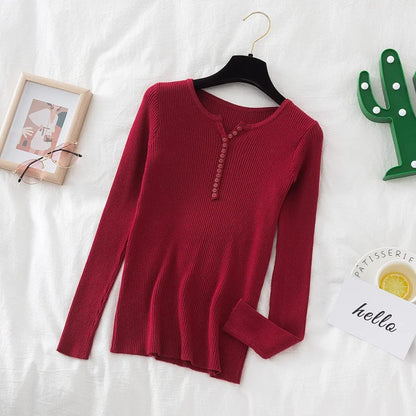 2026 weibliche Casual Tops Pullover Frauen Herbst Winter Gestrickte Dünne Pullover Feste Taste Volle Hülse V-ausschnitt Pullover.