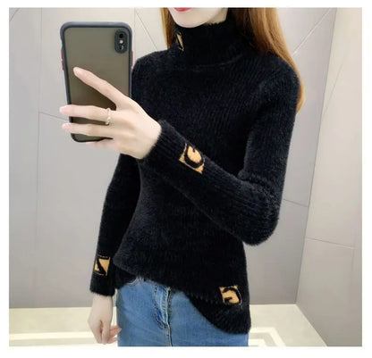 Hoher Kragen Pullover Pullover Frauen Nerz Brief Jacquard Unterlage Solide Western Stricken Unterwolle Herbst Winter Pullover Pullover.