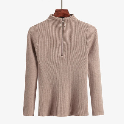 Frauen Fashion Solid Strick Pullover Vintage Langarm Zip-up Grundlegende Hälfte Rollkragenpullover Weibliche Pullover Chic Casual Tops.