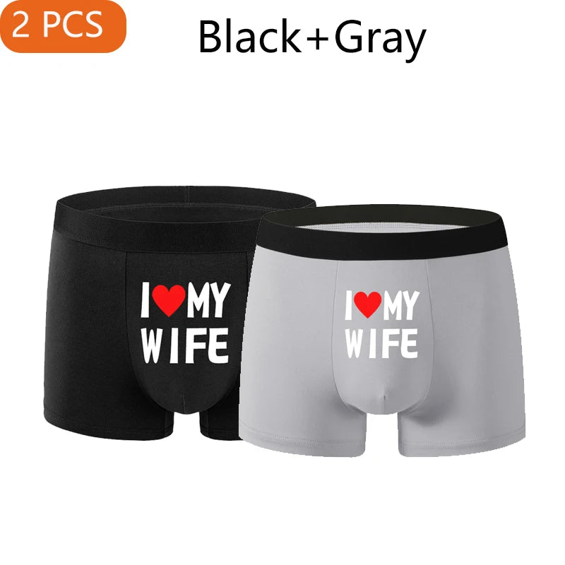 2PCS Herz Muster Männer Unterwäsche Schwarz Einfarbig Männer Boxer Mode Personalisierte Druck ICH Liebe Meine Frau Unterhose mann Geschenk