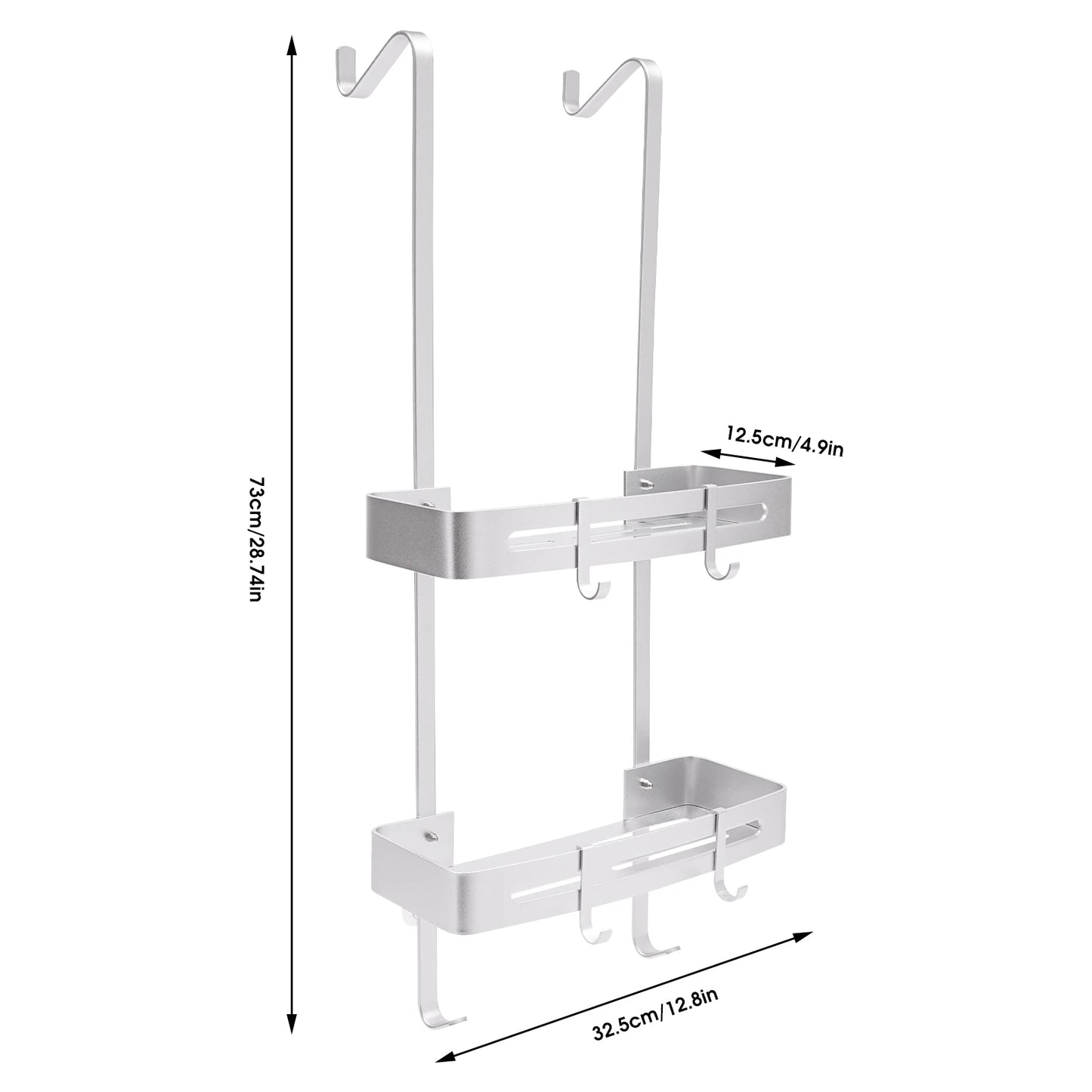 2-stufiges Badezimmerregal, hängendes Duschregal, silberfarbenes/schwarzes Regal, 6 Haken für Badezimmer, Küche, Wohnzimmer
