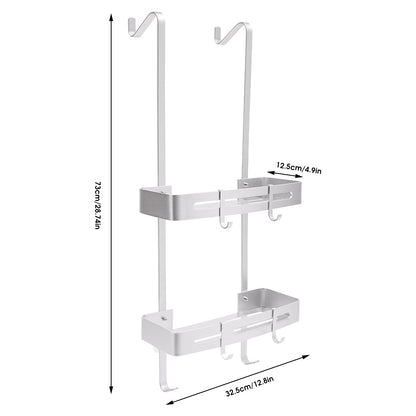 2-stufiges Badezimmerregal, hängendes Duschregal, silberfarbenes/schwarzes Regal, 6 Haken für Badezimmer, Küche, Wohnzimmer