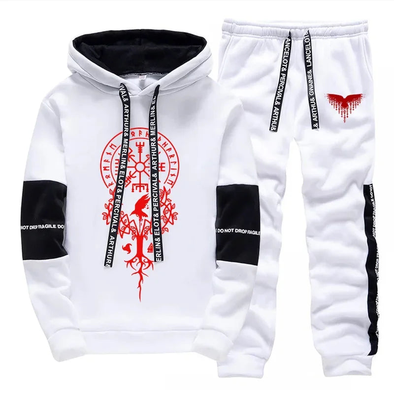 2025 Trendy Mens Tracksuit Hooded Sweatpants Viking Raven Print Autumn Winter Casual Sportswear Jogging Outfit Clothes for Man.