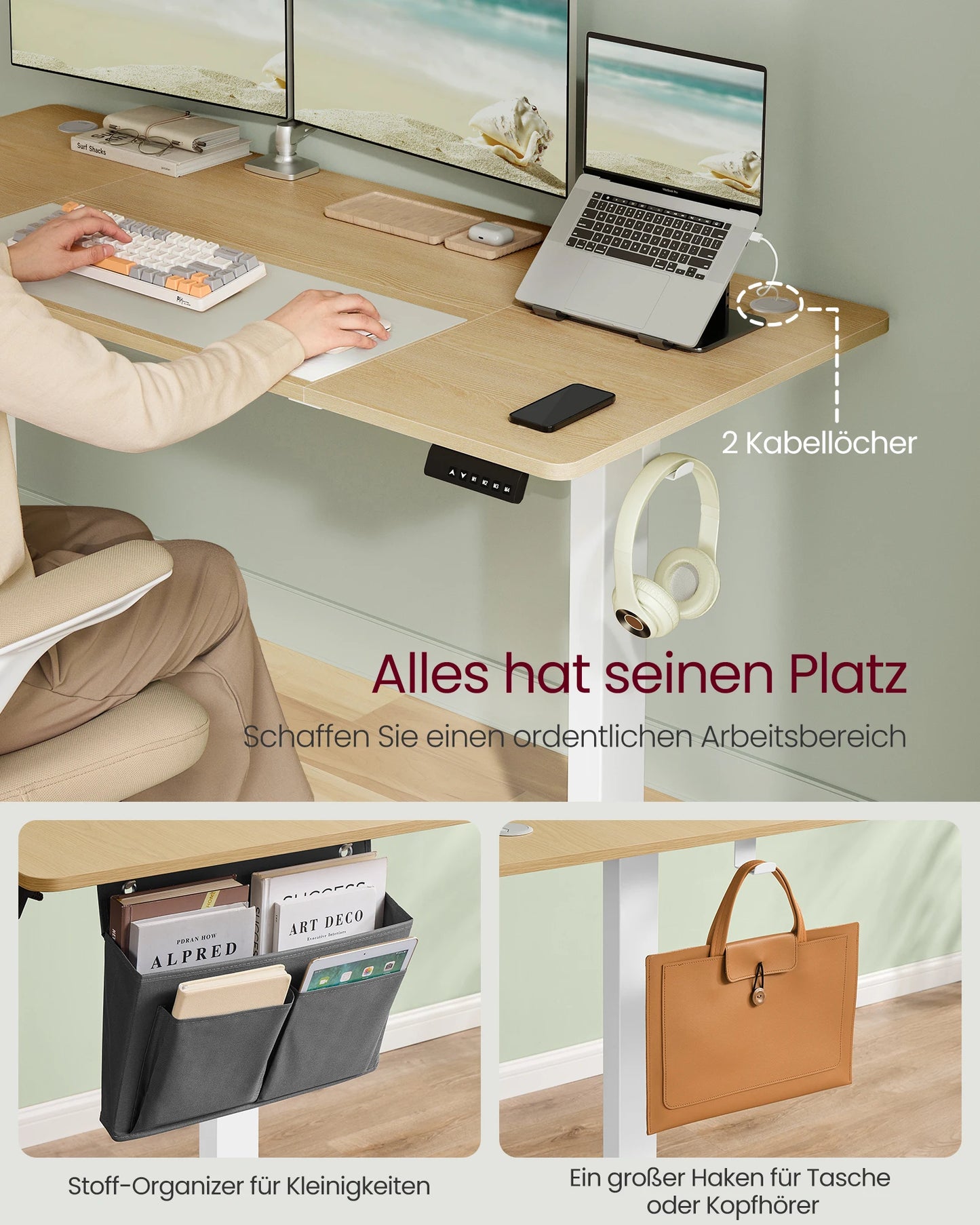 SONGMICS Höhenverstellbarer Schreibtisch elektrisch, 160 x 70 cm, verstellbarer Tisch, Memory-Funktion für 4 Höhen, für Büro