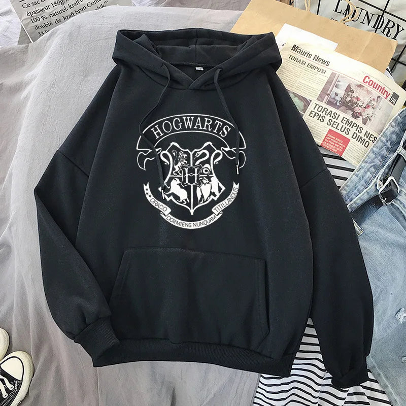 Fashion y2k Hogwarts Printed Hoodies Women Sweatshirt Autumn Winter Long Sleeves Plus Velvet Casual Loose Fleece Tops Oversized.