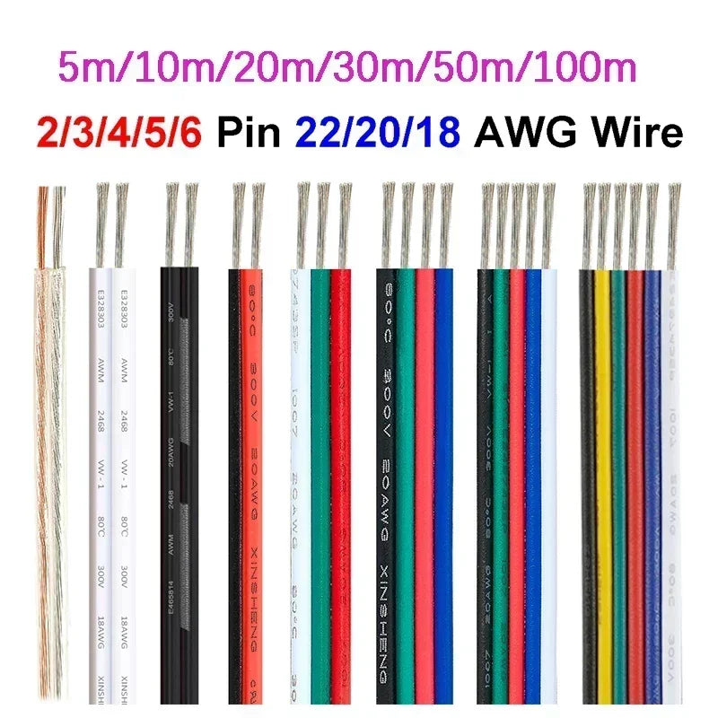 18 20 22 AWG LED Strip Wire 2/3/4/5/6pin 5V 12V Extension Electric Cable For WS2812B 5050 RGB RGBWW LED Lights Car Speakers Auto.