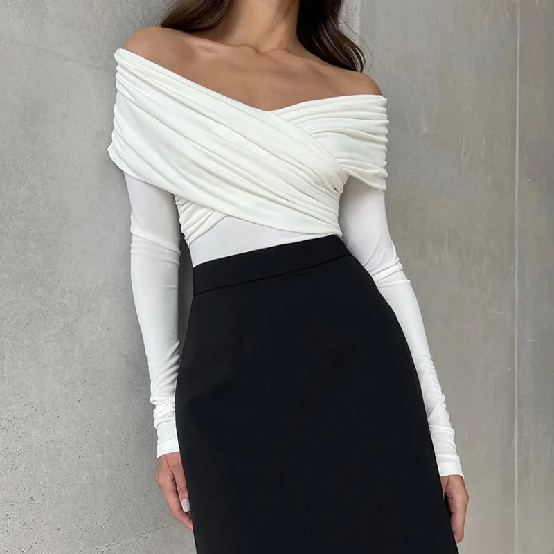 AVV Sexy Cross Pleated Off Shoulder Long Sleeve Skinny Bodysuit Ladies Hot Sexy 2024 One Piece Basic Autumn＆Spring Tops.
