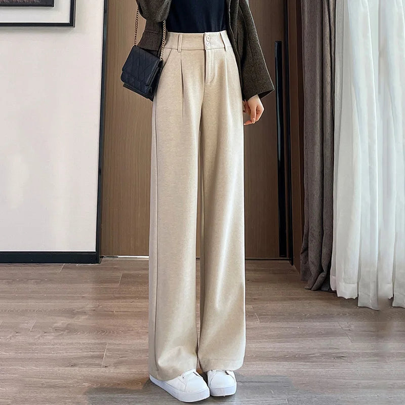 2024 Autumn Winter Women Concise Woolen Pants Lady Wide Leg Designer Outside Trousers Female Thicken High Waisted Draping Pants.