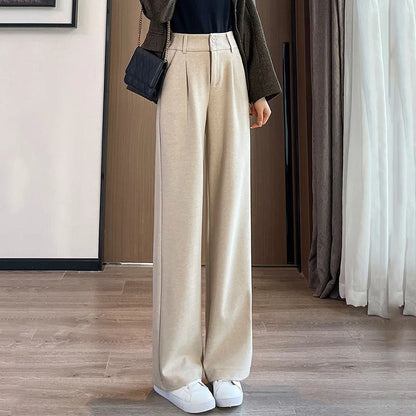 2024 Autumn Winter Women Concise Woolen Pants Lady Wide Leg Designer Outside Trousers Female Thicken High Waisted Draping Pants.