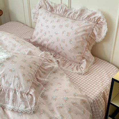 Korean Princess Style Ruffles Flower Print Bedding Set Duvet Cover Set Bed Skirt Bedspread Pillowcases 100% Cotton Home Textile.