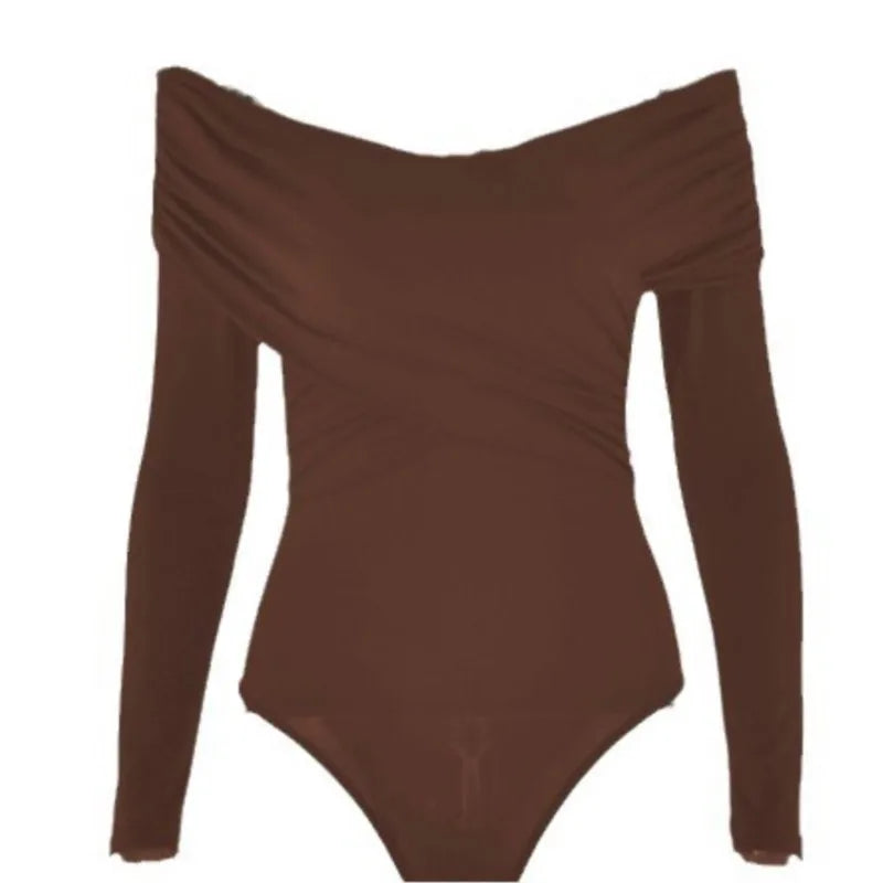 2025 Autumn New Women's Chic V-Neck Off-Shoulder Long Sleeve Slim Fit Office Casual & Daily Jumpsuit Versatile Tunic Tops.