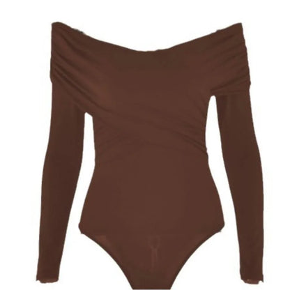 2025 Autumn New Women's Chic V-Neck Off-Shoulder Long Sleeve Slim Fit Office Casual & Daily Jumpsuit Versatile Tunic Tops.