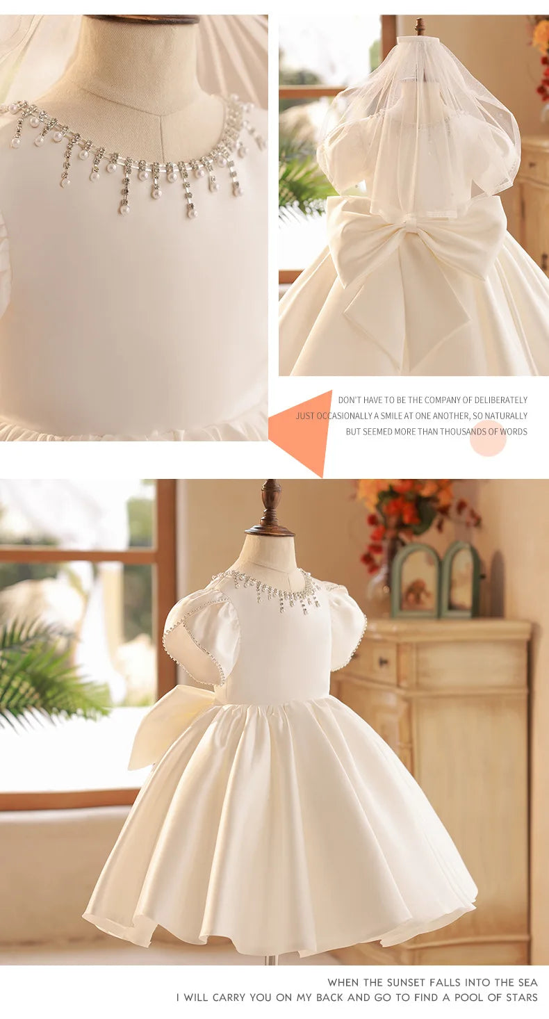 Sommer Solide Perlen Prinzessin Kleid Rundhals Elegante Kinder Brautjungfer Kleidung Luxus Kleider für Hochzeit Edle Kind Kleidung.