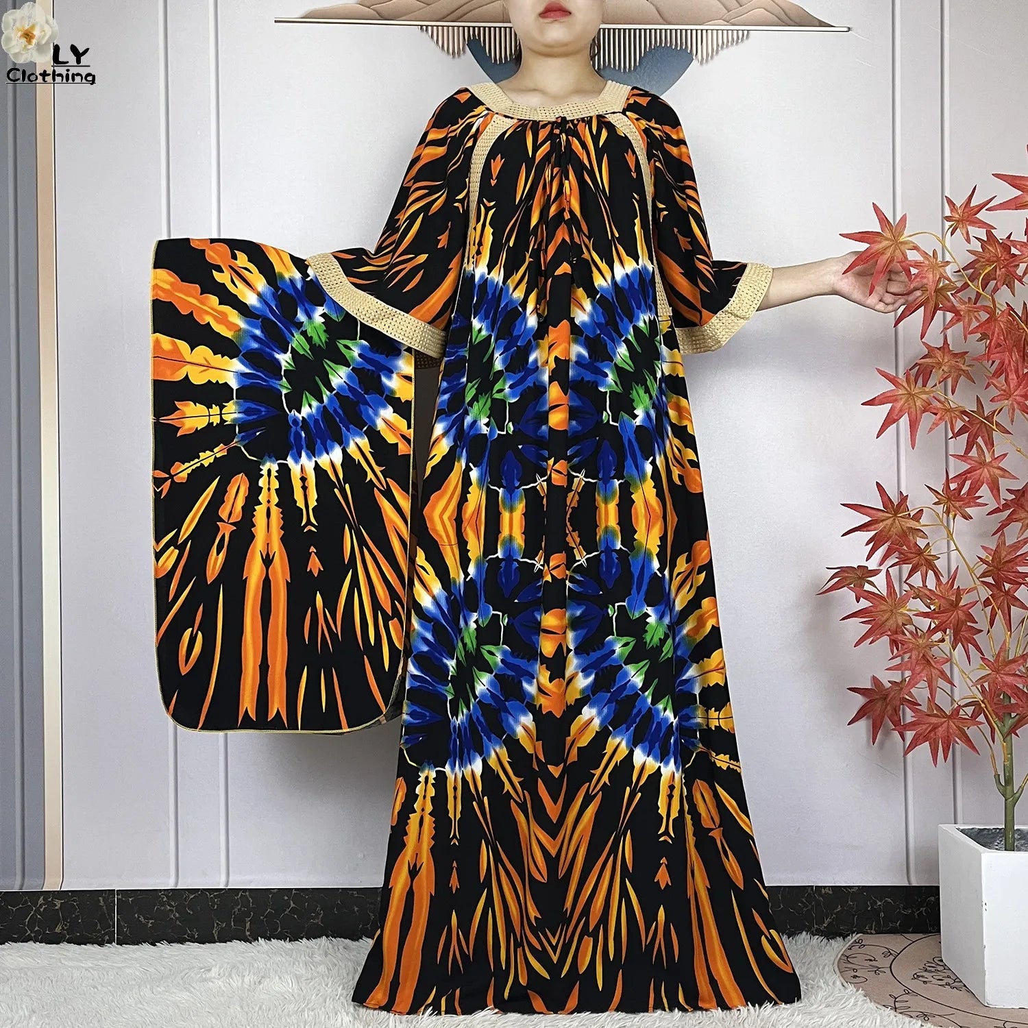New Muslim Dress Woman Short Sleeve Dashiki African Abaya Tie-dyed Printing Cotton Loose Femme Robe Islamic Dresses With Scarf.