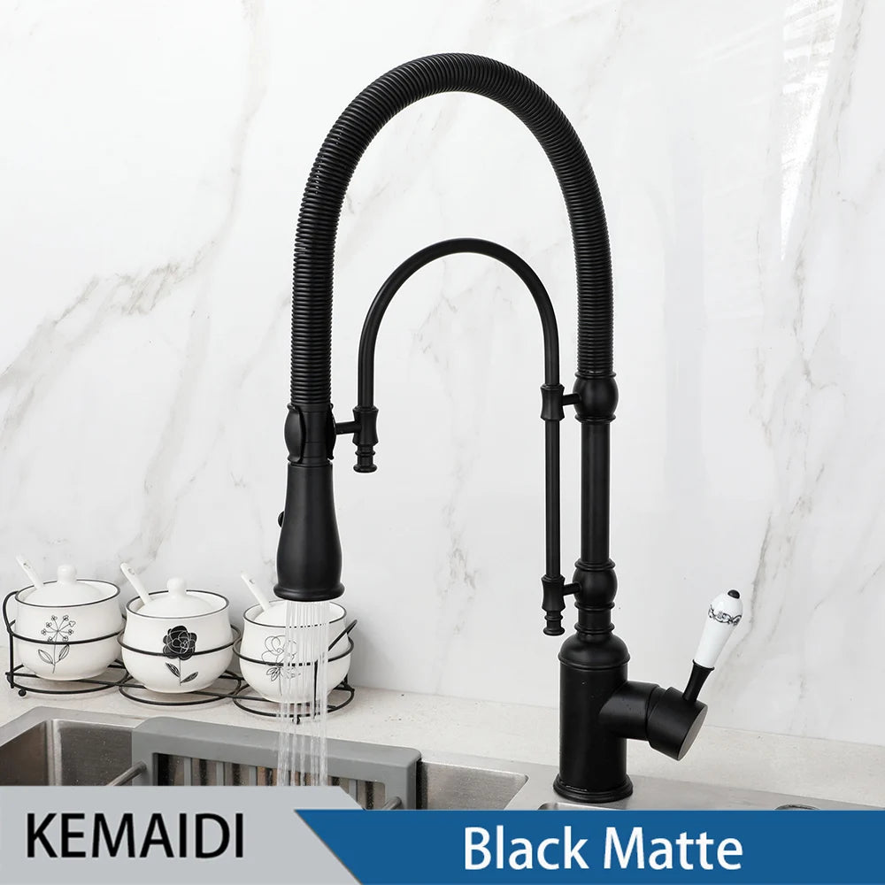 KEMAIDI Golden Spring Pull Down Kitchen Sink Faucet Hot & Cold Mixer Crane Tap with Dual Spout Deck Mounted Hot Cold Faucets