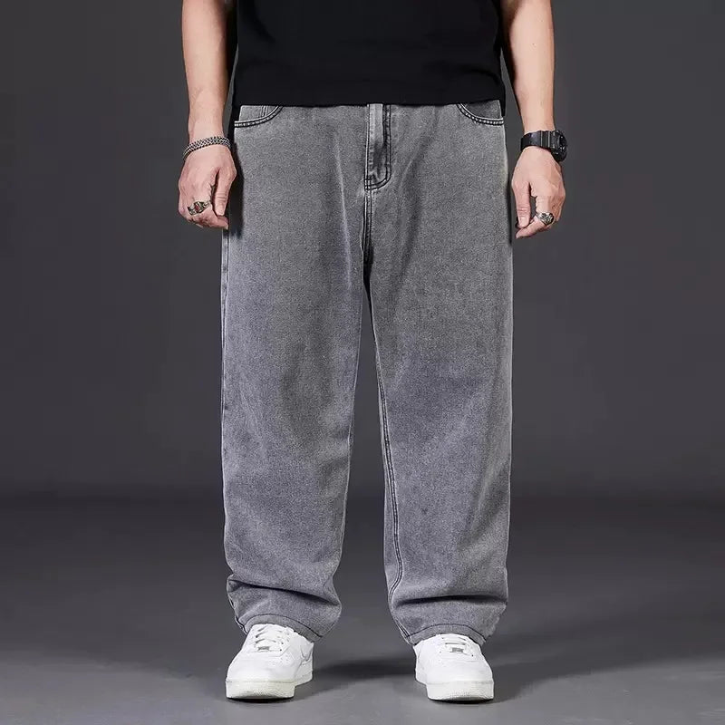 Plus Size Jeans Men's Autumn Loose-Fit Straight-Leg Casual Denim Pants Elastic Waist Wide-Leg Design For Plus Size Men.