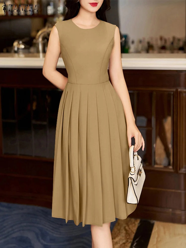 ZANZEA Elegante Frauen Plissee Midi Kleider Ausgestattet Taille Ärmel Solide Party Vestidos 2025, Sommer O Neck Pendeln Roben Femme.