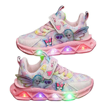 Disney Children's Sports Shoes Led Lights Sneaker Cartoon Frozen Princess  Elsa PU Leather Girls' Pink Children's Running Shoes.