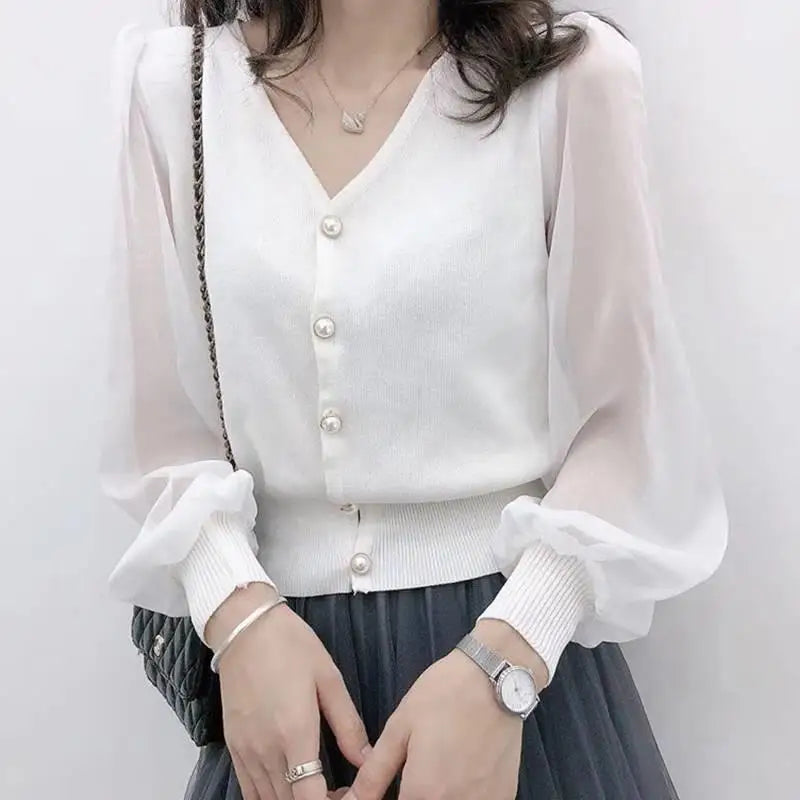 clothe Women's Spring Autumn Style Chiffon Blouses Shirt Women's Knitted Button Long Sleeve Solid Color Lace Patchwork Tops.