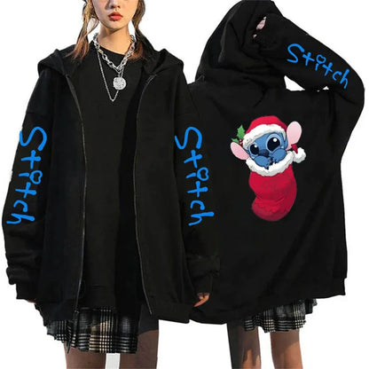 Men's and women's Lilo Stitch hooded jackets, Bonita Harajuku anime, cartoon Gothic streetwear, women's zippered sweaters.