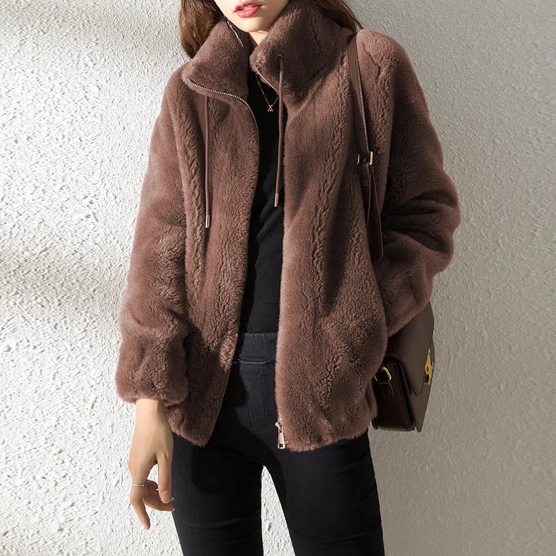 Frauen Winter Doppel Korallen Fleece Warme Mantel Stehkragen Plüsch Dicken Mantel Weibliche Mode Casual Langarm Zipper Kleidung.